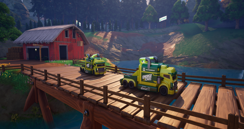 ilustração de galpão de madeira e caminhões