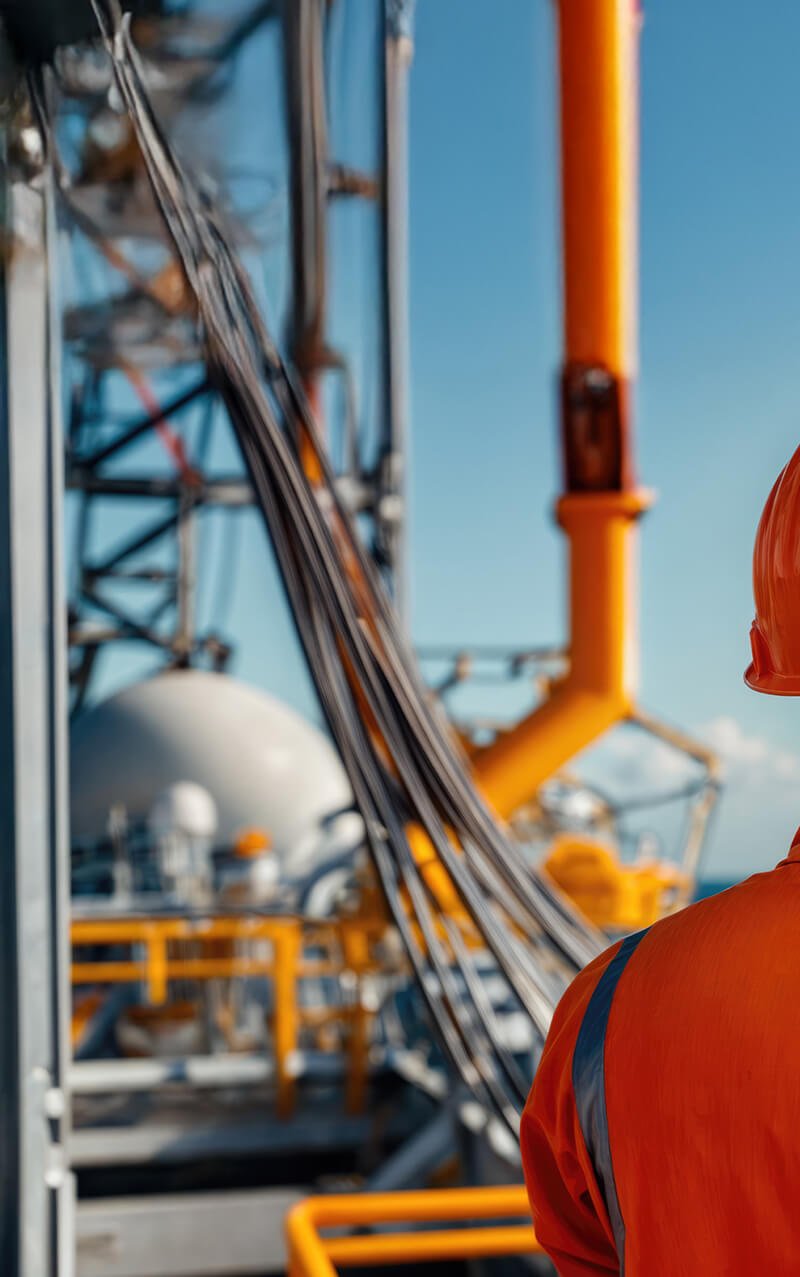 Funcionário usando EPI e macacão laranja, observa usinas de energia eólica offshore, a partir da plataforma.