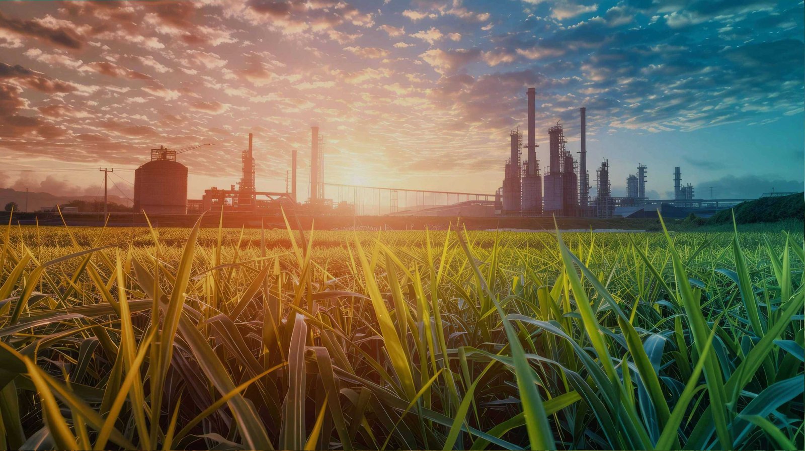 Campo de cana-de-açúcar ao pôr do sol com uma refinaria ao fundo, simbolizando a produção de biocombustíveis.
